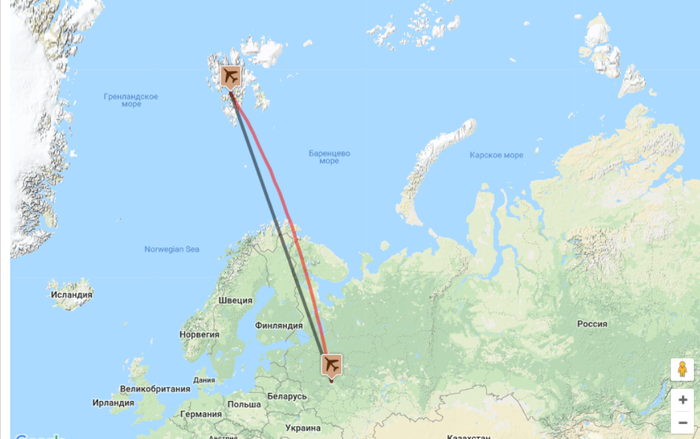Перелет Sukhoi SuperJet 100 №97005 на Шпицберген.