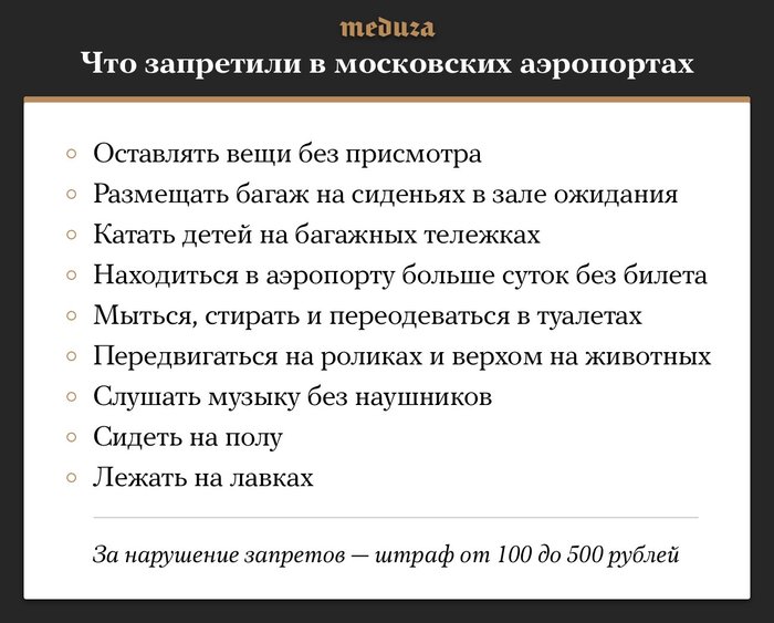 В Шереметьево, Домодедово и Жуковском будут штрафовать тех, кто садится на пол и ложится на лавки.
 - Мособлдума, Аэропорт, Запрет, Закон, Шереметьево, Домодедово, Жуковский, Длиннопост