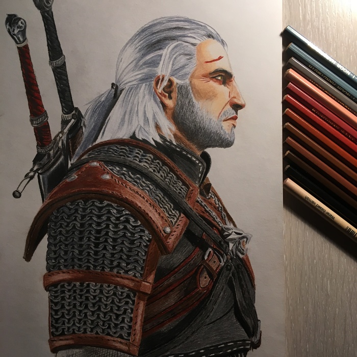 Geralt of Rivia - My, Art, Witcher, Drawing, Pencil drawing, Colour pencils, Geralt of Rivia