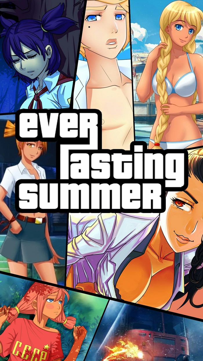 Wallpaper for your phone in the style of GTA from the art of the game Everlasting Summer - My, Endless summer, Photoshop, Desktop wallpaper, Hatsune Miku, Glorifying, Ulyana, Lena, Longpost