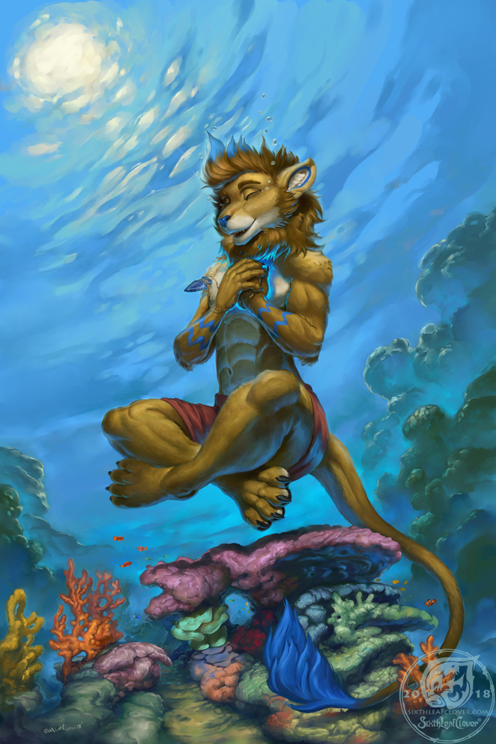 meditation underwater - Furry, Art, Under the water, Sixthleafclover, a lion