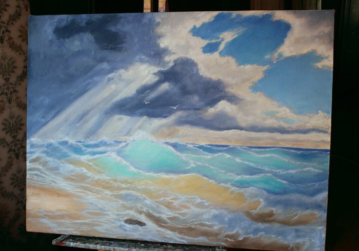 Sea - My, Painting, Sea, Wave, Creation, Butter, Sky, Clouds, Beach