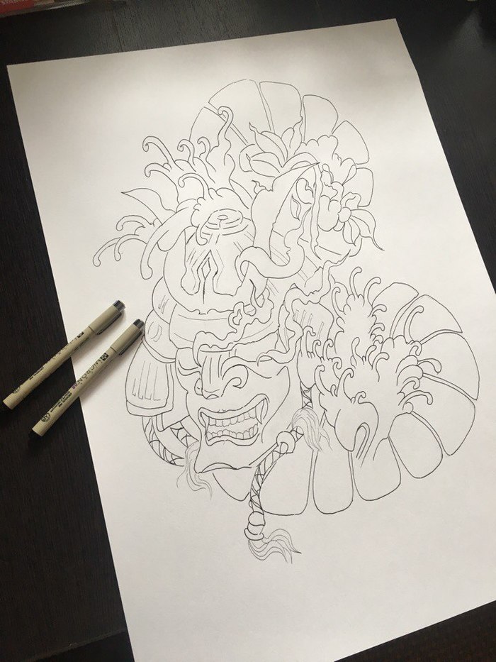 I treat Japanese culture with trembling love and decided to draw a samurai mask with a classic ornament (for a Japanese tattoo). - My, Drawing, Creation, Longpost, Process, Mask, Samurai, Japan, Gouache, Mixed media