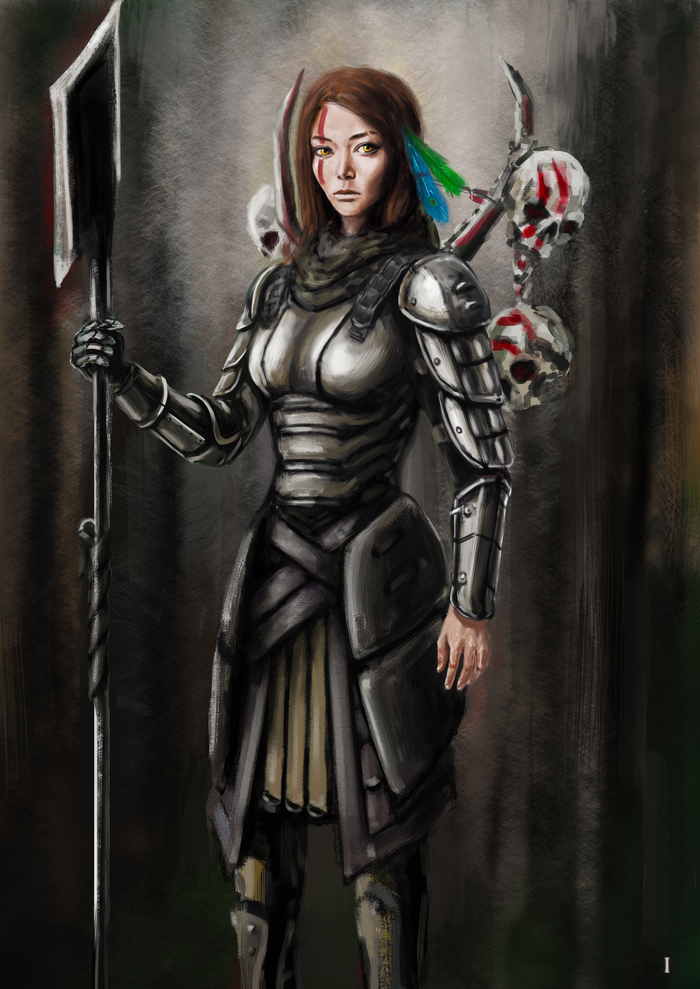 Latnik. - My, Art, Drawing, Post apocalypse, Warrior, Girls, Weapon, Armor, Scull