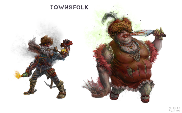 Townspeople - My, Townsfolk, Zombie, Drawing, Digital drawing, Undead, Weapon