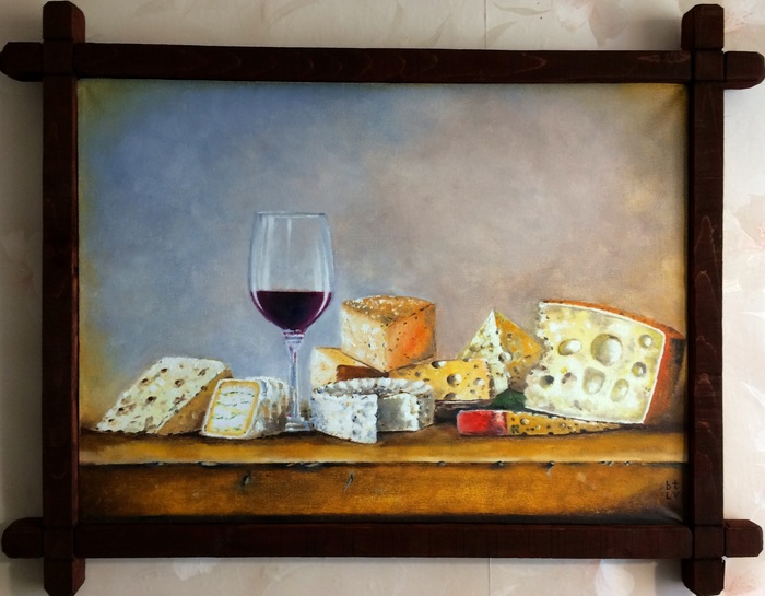 Still life with cheese oil, canvas, 40/55cm - My, Drawing, Oil painting, Cheese, Wine