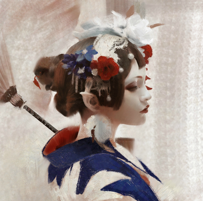 Elf in kimono. - Girls, Portrait, Style, Прическа, Art, 2D