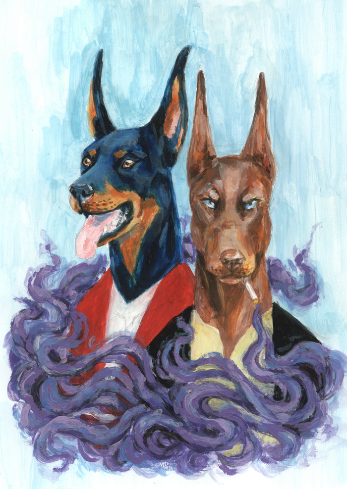Joined in the hip
 - My, Doberman, Anthropomorphism, Furry, Friends, Gouache, Dog, Drawing, Cigarettes