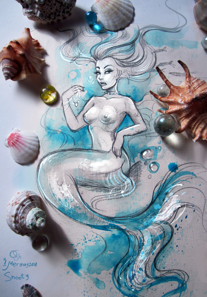 Mermaid - NSFW, My, Mermaid, Watercolor, Mixed media, Mermay, Drawing