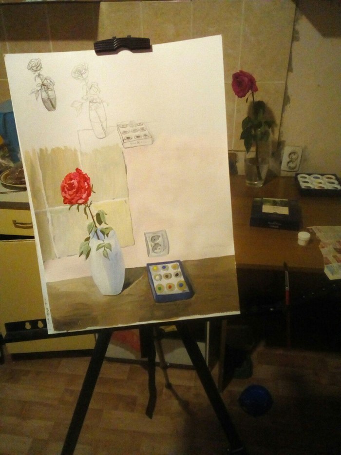 One of the first gouache training from nature - My, Gouache, the Rose, Nature