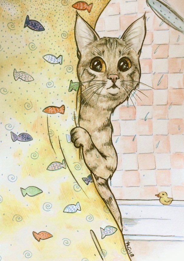 Who's here? 0_0 - My, cat, Fearfully, Sight, Drawing, Art, Watercolor, Colour pencils, Bath