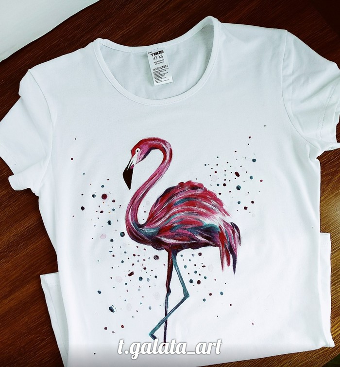 Flamingo) - My, Painting on fabric, Krasnodar, Acrylic, T-shirt, Art, Flamingo, Watercolor, Longpost