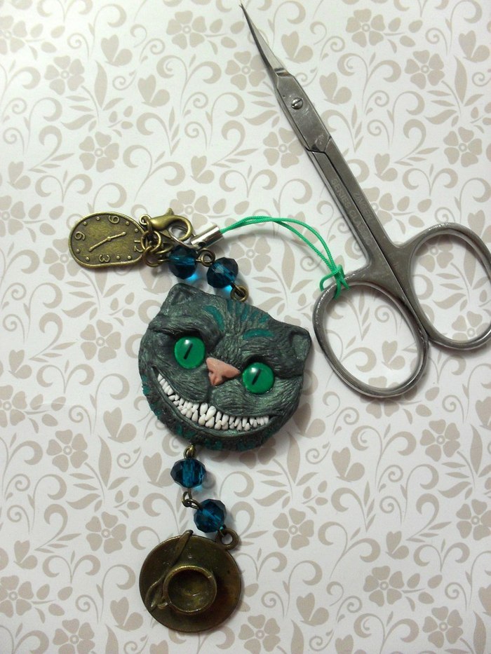 Keychain for scissors - My, Cheshire Cat, Polymer clay, Keychain, Лепка, Needlework, With your own hands, Needlework without process