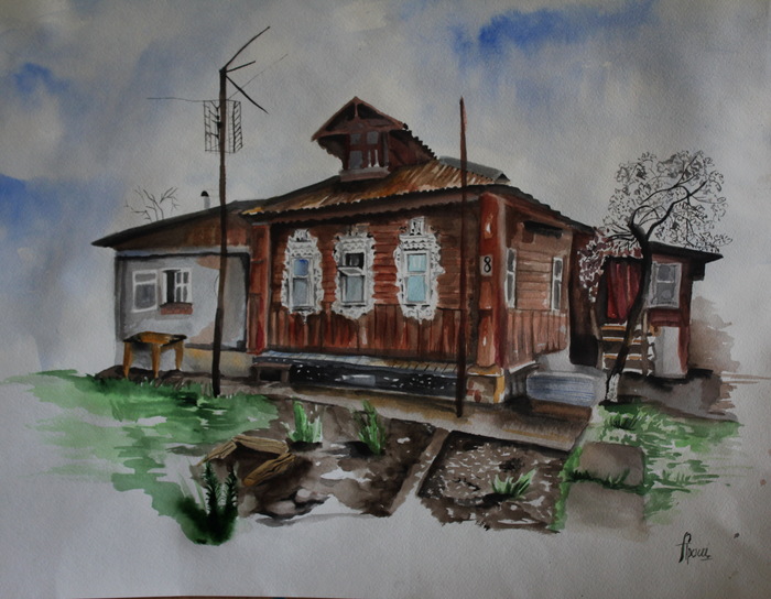 Watercolor.mother's house - My, Watercolor, Mum, House, Disease, Weekend