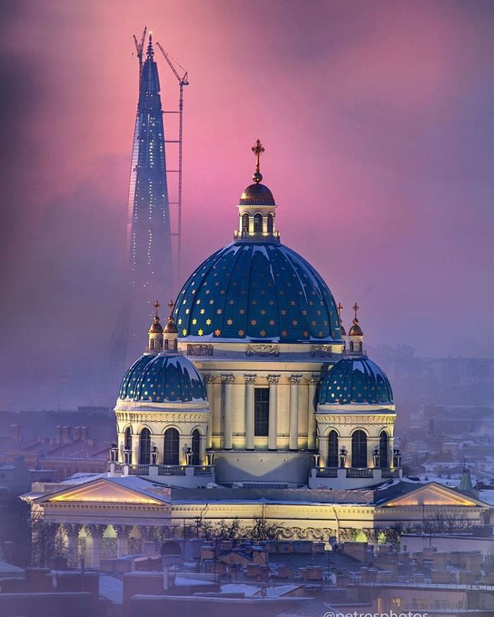 Collision of eras - Saint Petersburg, Lakhta Center, The photo, Alexander Petrosyan, Trinity Cathedral, The cathedral