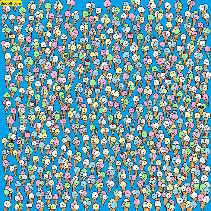 A new puzzle from the Hungarian artist Gergely Dudas. Users are trying to find a lollipop among ice cream cones. - Головоломка, Ice cream, Lollipop, From the network