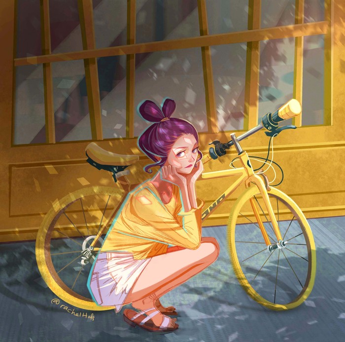 Yellow - Art, Drawing, Girls, A bike, 