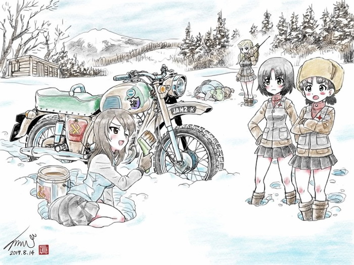 IZH Jupiter 3 and frost-resistant schoolgirls - Anime art, Motorcycles, Moto, Girls und panzer, Anime