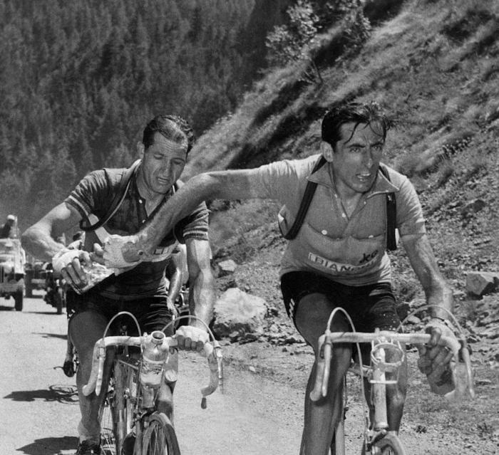 Gino Bartali and Fausto Coppi on the Tour de France, 1952, Galibier Pass, France - Longpost, Black and white photo, France