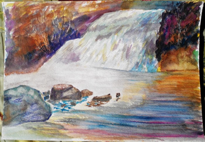 Waterfall. - My, Watercolor, Learning to draw, Waterfall