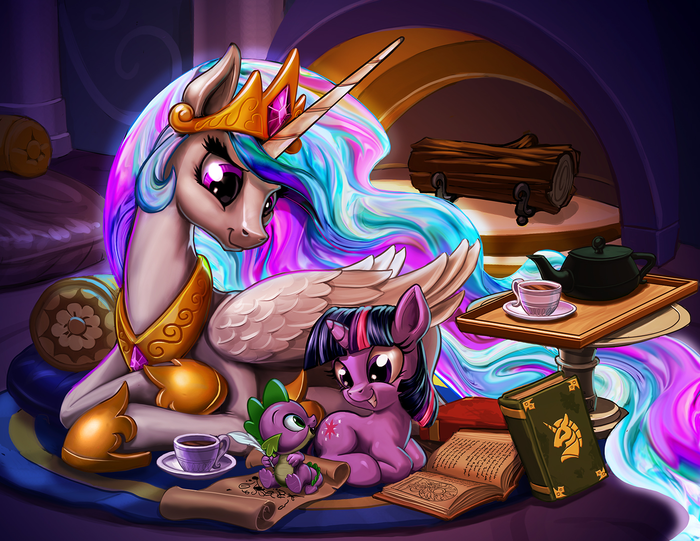 Reading by Celestia's Light Princess Celestia, Spike, Twilight Sparkle, Ponyart, My Little Pony