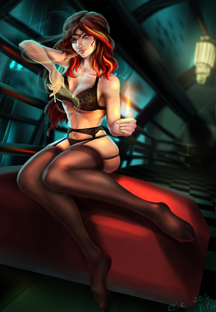 Sunset Shimmer in Rapture - NSFW, My little pony, BioShock, Crossover, Humanization, Art, Sunset shimmer, MLP Suggestive, Computer games, Crossover, , Rapture