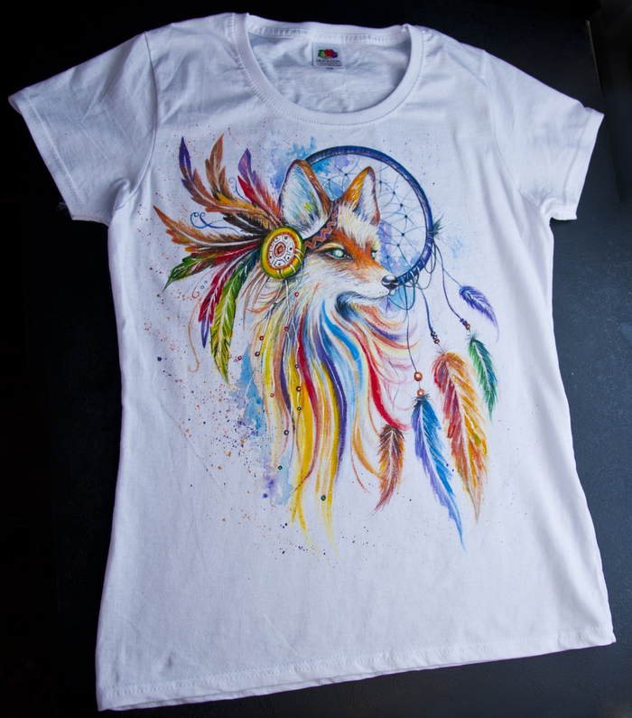 T-shirt painting, another fox - My, Painting, Painting on fabric, T-shirt, Painting Clothes T-shirt Style, Longpost