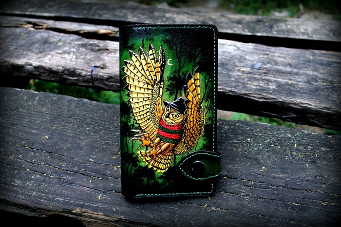 Leather purse Owlet-Freddie. - My, Embossing on leather, Handmade, , Freddy Krueger, Needlework with process, Longpost