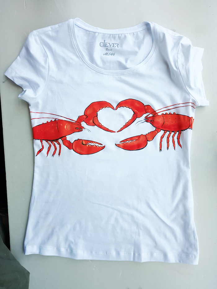Romantic Cancers. - My, Crayfish, T-shirt, Painting on fabric, Heart, Painting, Acrylic, Heart