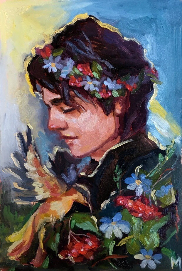 Summer - My, Painting, Portrait, Oil painting, Painting, Butter, Birds, Flowers, Wreath