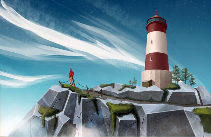 Lighthouse - My, Lighthouse, Island, Landscape, Drawing, Digital drawing, The rocks, Sky