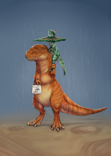 It seems the rain is starting. - Jurassic Park, Tyrannosaurus, Dilophosaurus, Art, Movies, Dinosaurs