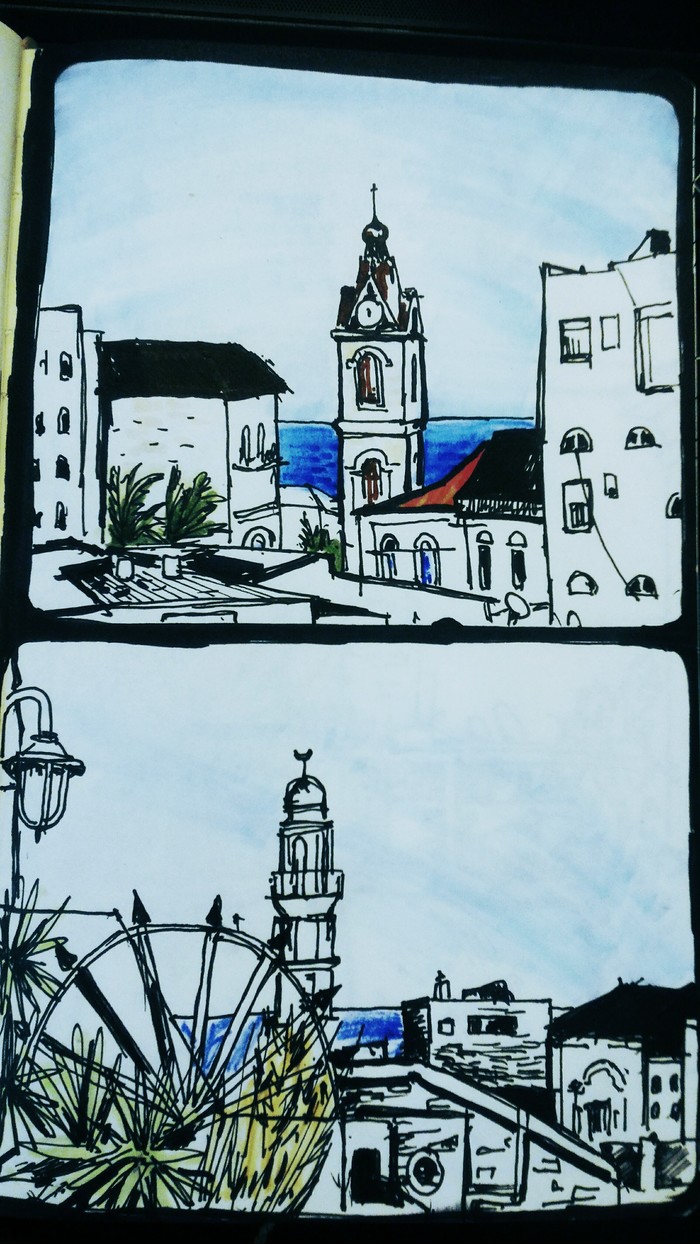 Old Jaffa - My, Jaffa, Israel, Tel Aviv, Drawing, Pen drawing, Sea, Town