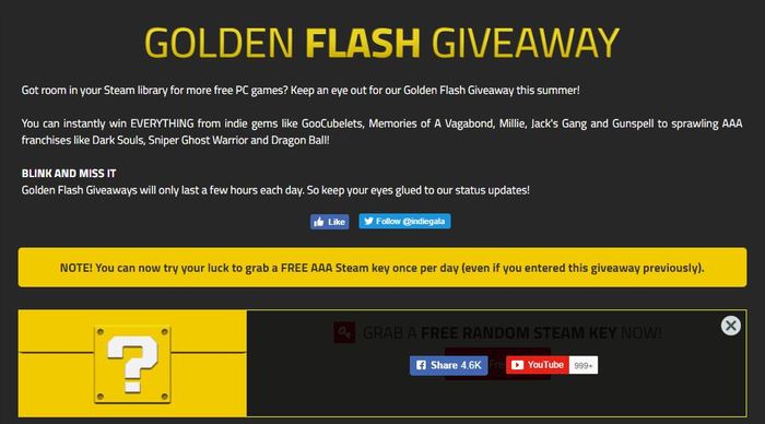 Random Golden Flash Giveaway |   Indiegala, , Random key,  Steam