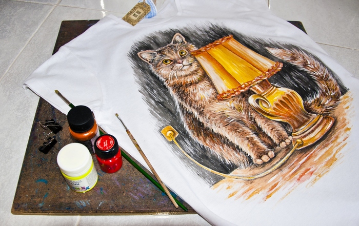 cat and lamp: hand painted - My, T-shirt, Painting on fabric, Painting, cat, Cloth, Style, Stylishly, Longpost