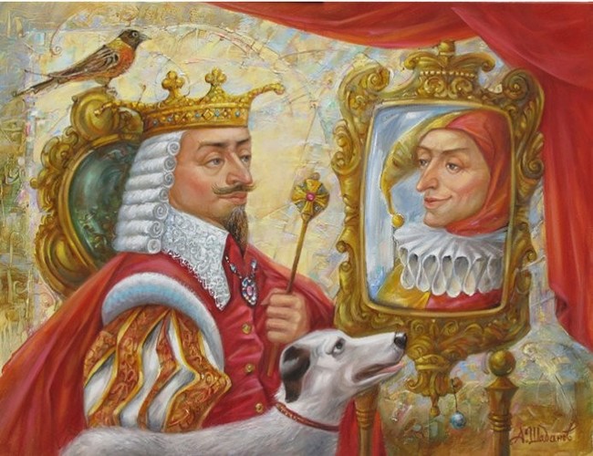 KING AND THE CLOWN. oil on canvas... 50 * 65 - My, Shabanov, Art, King and the Clown, Painting, King, Jester, Mirror, Oil painting