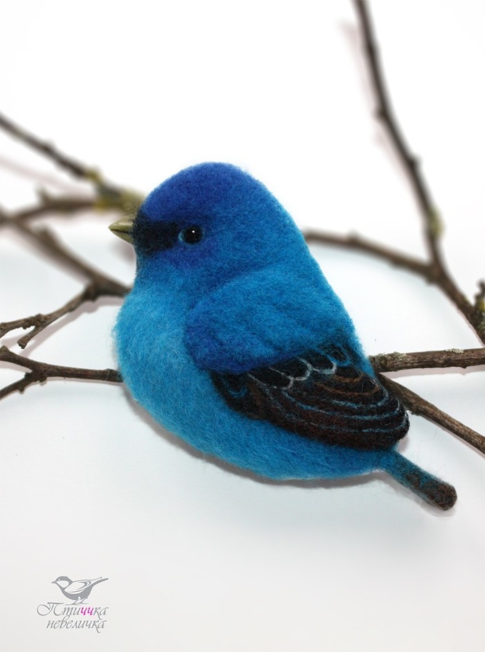 Brooch - indigo oatmeal cardinal. - My, Dry felting, Needlework, Hobby, Birds, Creation, Handmade, Longpost