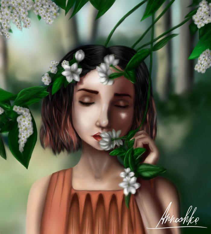 Tenderness Jasmine - My, Art, Learning to draw, Jasmine, Tenderness, Beautiful girl, Drawing on a tablet, Flowers