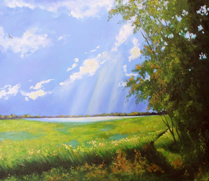 Summer landscape - My, Painting, Canvas, Butter, Summer, The sun, Meadow, Landscape, Oil painting