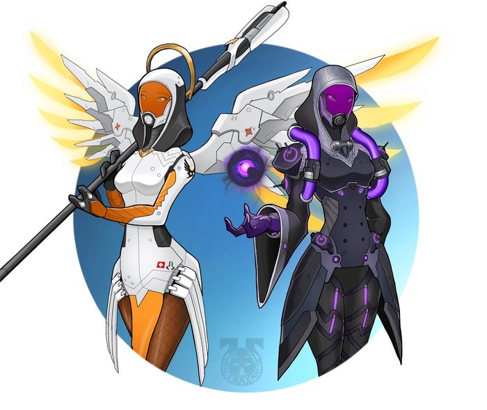 I can be your angel or your devil - Spacemaxmarine, Overwatch, Mercy, Moira, Mass effect, Tali zorah, Crossover, Art