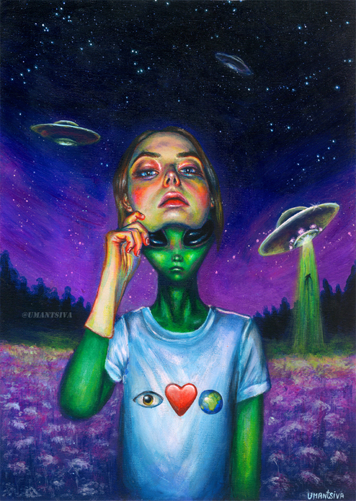 Undercover - My, Painting, UFO, Art, Painting, Surrealism, Acrylic, Aliens, Mask