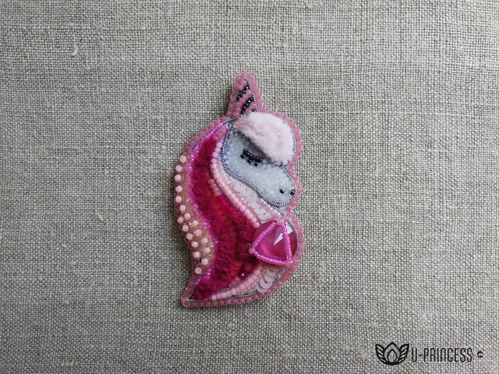 Brooch Pink unicorn - My, Beads, Chenille, Unicorn, , Needlework without process, Sequins, Brooch, Friday tag is mine