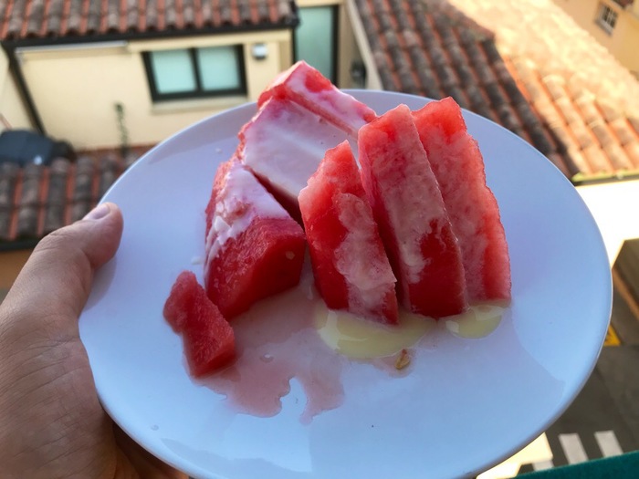 Watermelon with condensed milk! - My, Spain, Fancy food, Abroad, Living abroad, Condensed milk