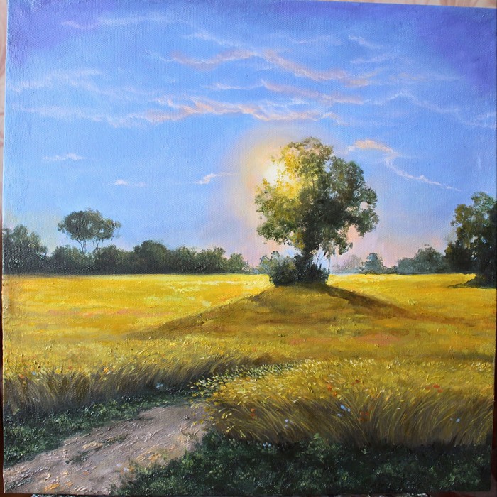 sunset on the field - My, Painting, Oil painting, Canvas, Butter, Summer, Field, Sunset, The sun