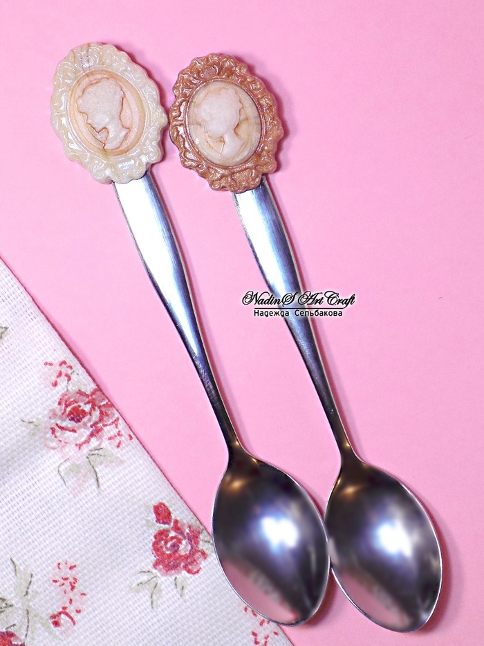 Spoons with cameos - My, Handmade, Polymer clay, Cameo, Spoon decor, Polymer clay, Handmade, Longpost, Needlework without process, cameos