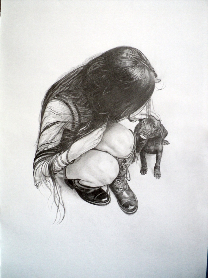 girl and puppy - My, Girls, Puppies, Pencil drawing, Drawing, Pencil, Dog, Animals