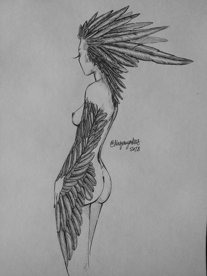 Feathered - NSFW, My, Masyanyarus, Drawing, Girls, Boobs, Feathers, Longpost, Tattoo, Girl with tattoo, Liner