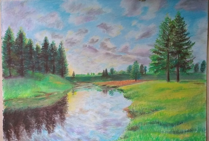 Present - My, Drawing, Pastel, Presents, Landscape, River