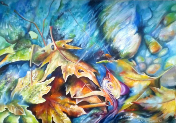 Autumn leaves in the stream. Painting - My, Painting, Oil painting, Painting, Creation, Autumn, Leaves, Autumn leaves