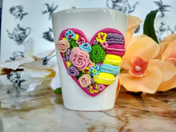 Mug with polymer clay decor - My, Polymer clay, Лепка, Mug with decor, 